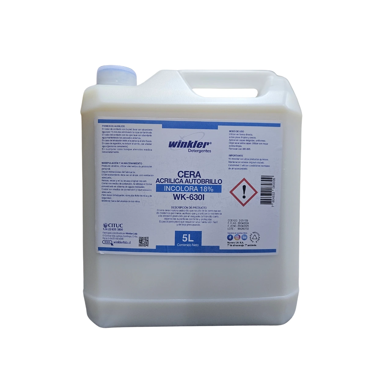 Cera Acrilica Autobrillo Incolora al 18% -WK-630I - 5 Litros