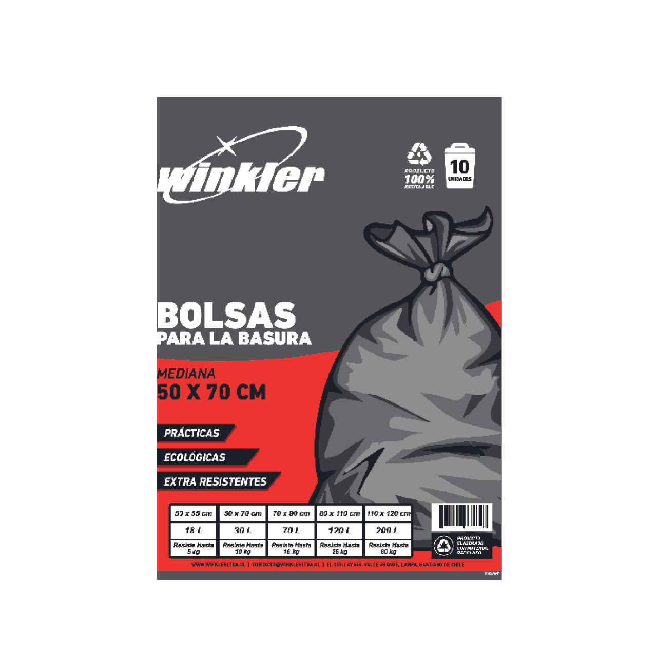 Bolsa Basura Negra 50x70x0.26 30L Extra Resistente Bolsa 10UN